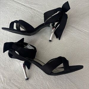 Fioni Elegant Black Satin Heels with Bow Accent/Silver Heels, Size 9